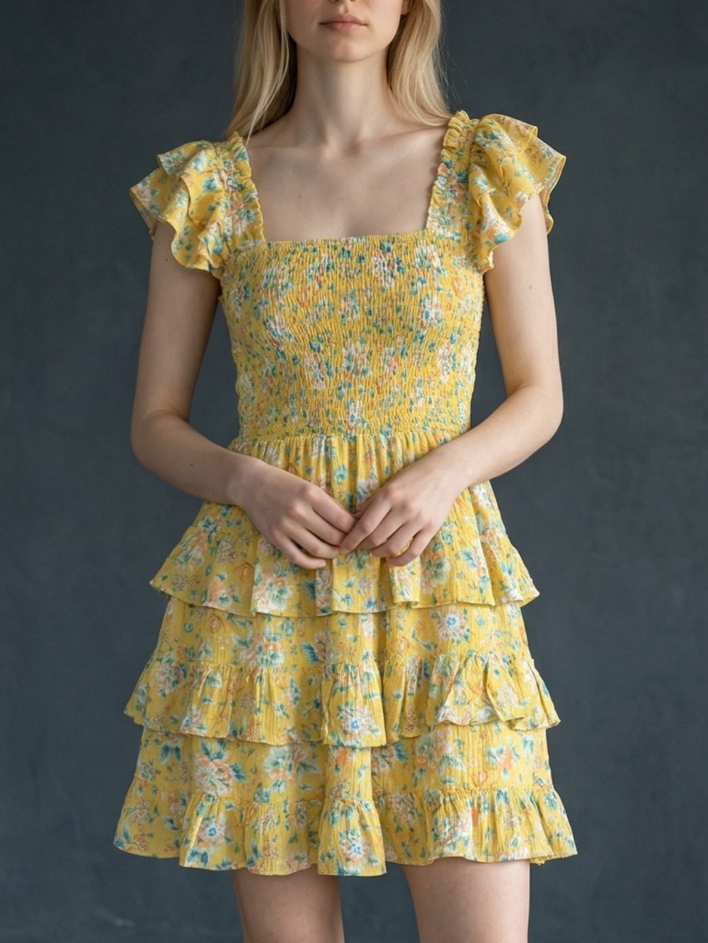 🌼 C&V (Chelsea & Violet) Yellow Floral Smocked Dress – Size S
